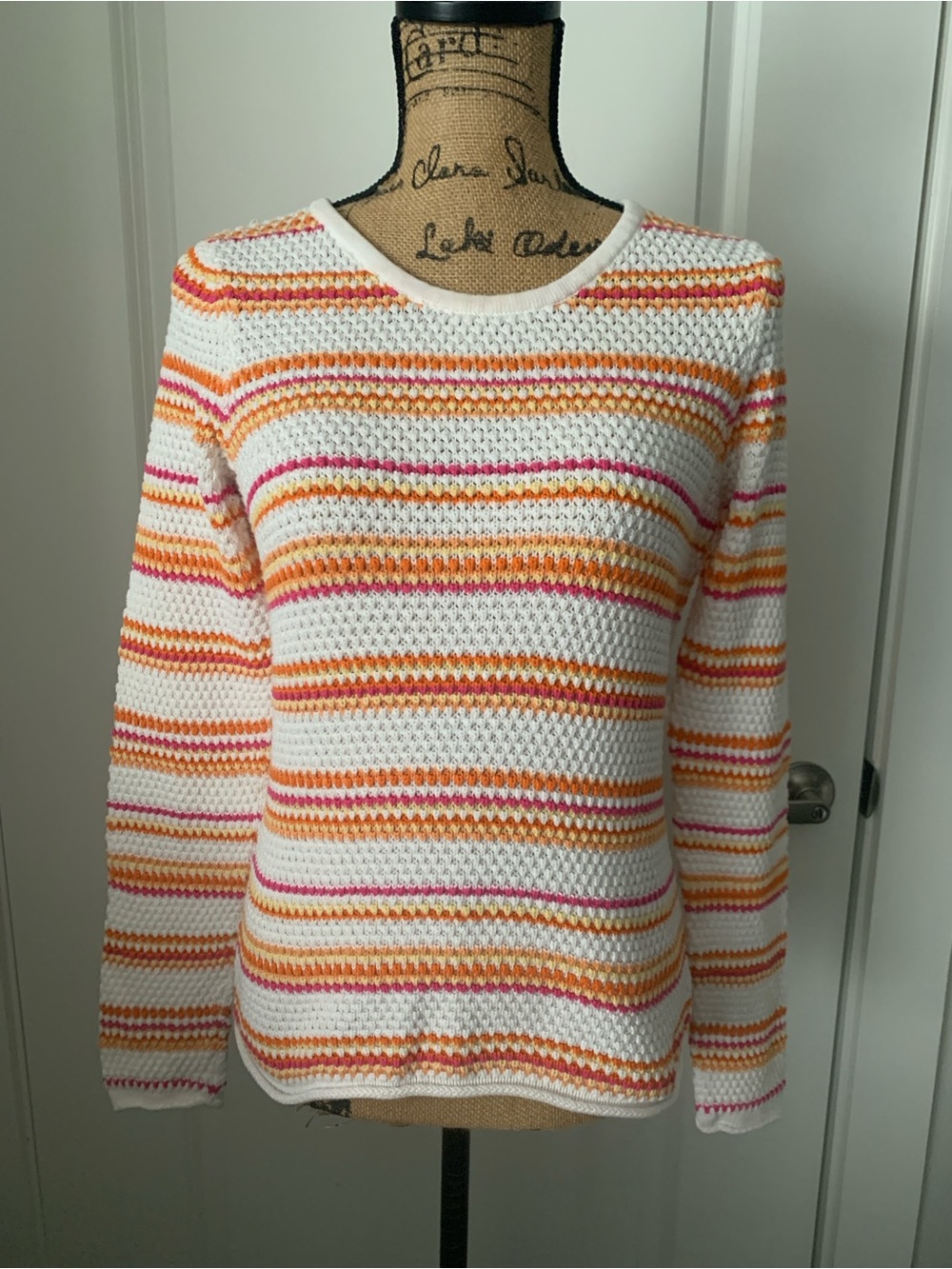Villager by Liz Claiborne White Crochet Pink & Orange Striped Sweater Size M